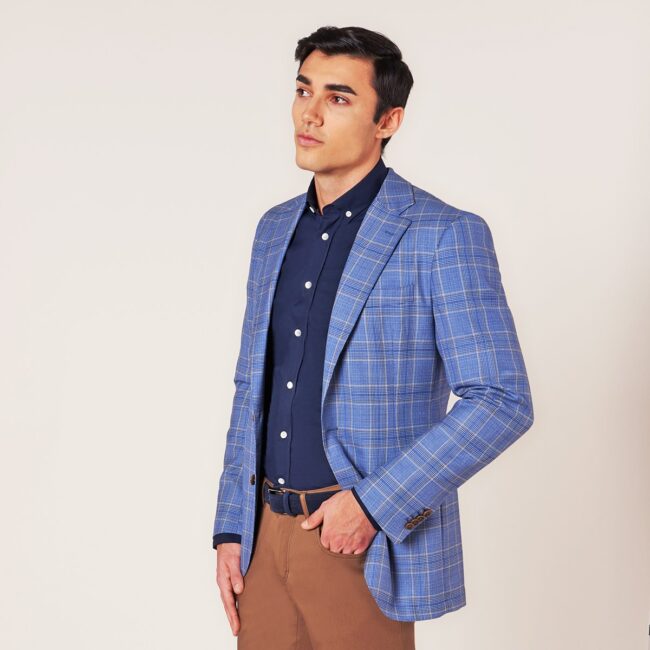 Sakko Karo side | Blauer Anzug mit Glencheck Muster